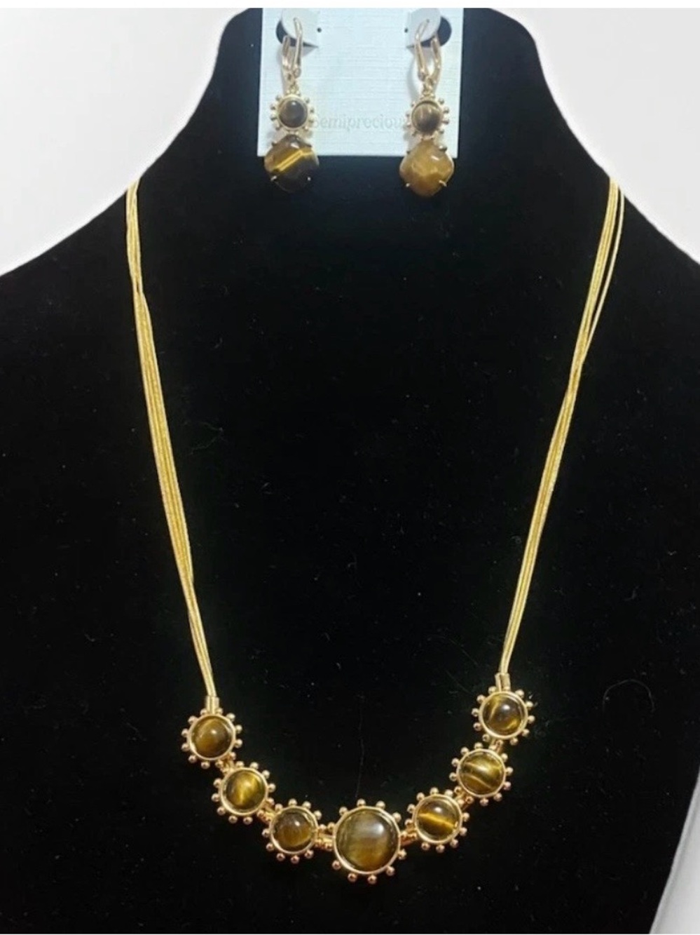 Talbots Gold-Tone Tiger Eye Bead Necklace with Matching Earrings
